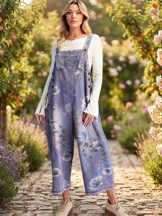 easel Pants - 354 EASEL FLOWER PRINTED WASHED DENIM OVERALLS